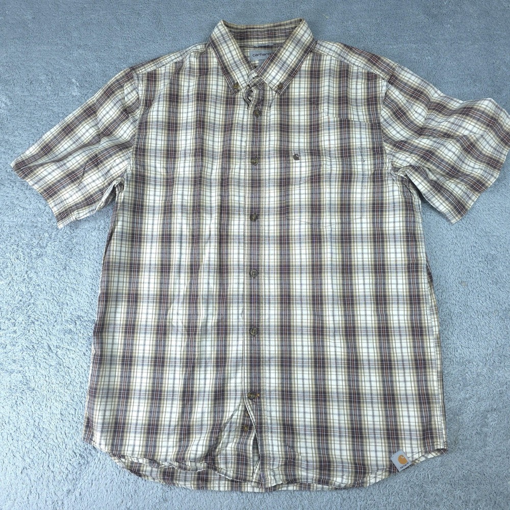 Carhartt Shirt Mens Large Brown Plaid Short Sleeve Button Up Cotton Casual